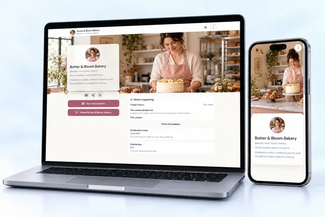 Butter & Bloom Bakery NciteMe profile shown on an angled laptop and phone