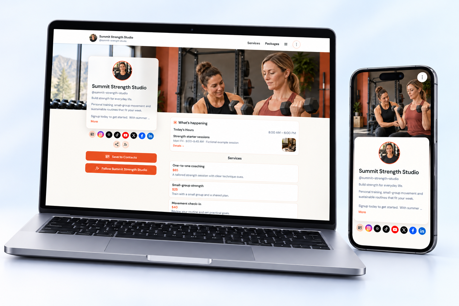 Summit Strength Studio NciteMe profile shown on an angled laptop and phone