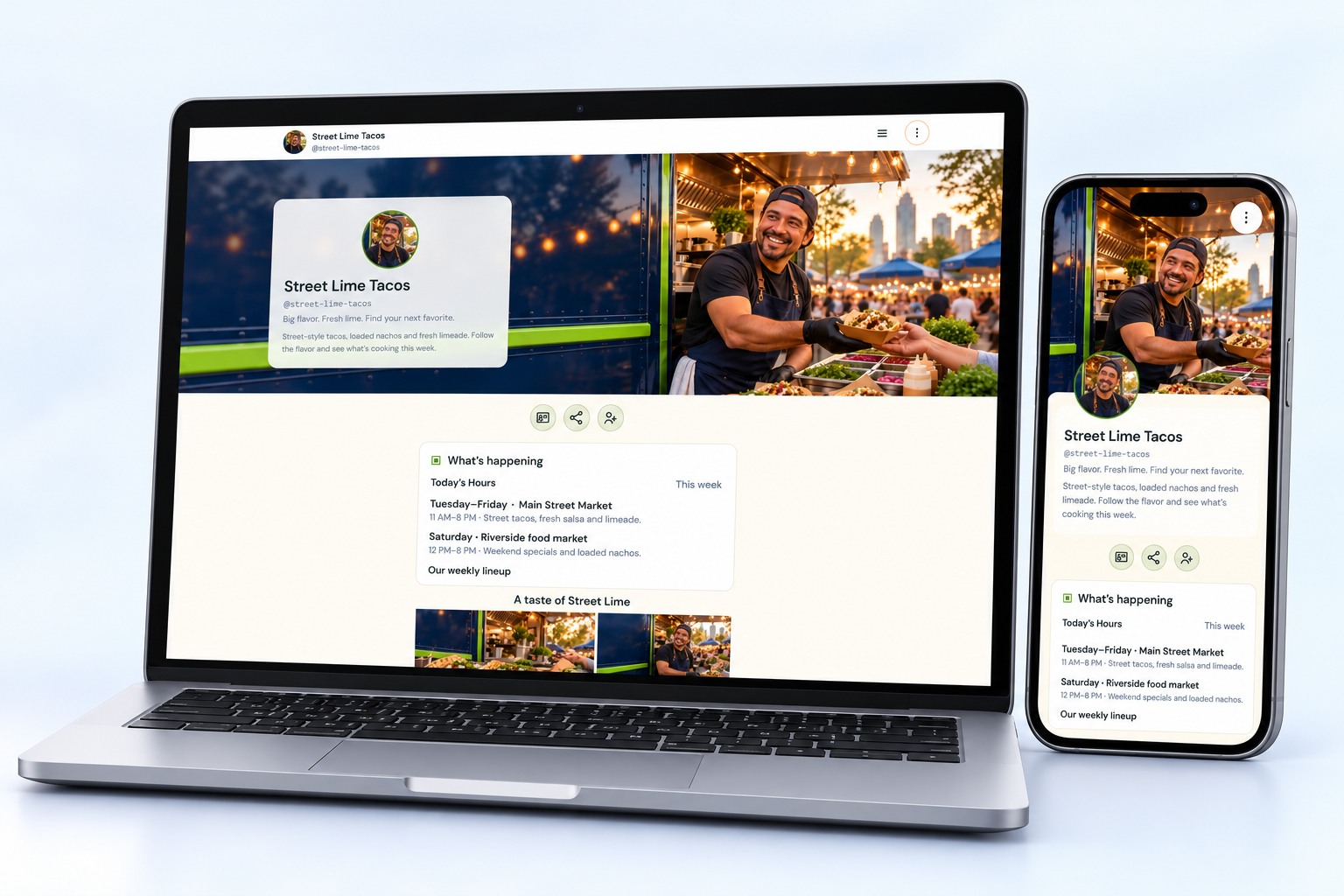 Street Lime Tacos NciteMe profile shown on an angled laptop and phone