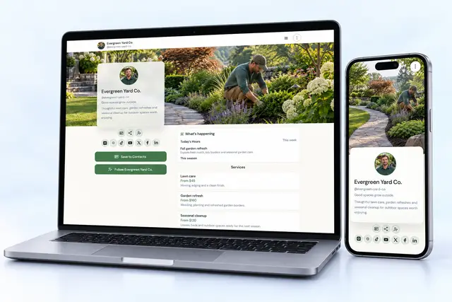 Evergreen Yard Co. NciteMe profile shown on an angled laptop and phone