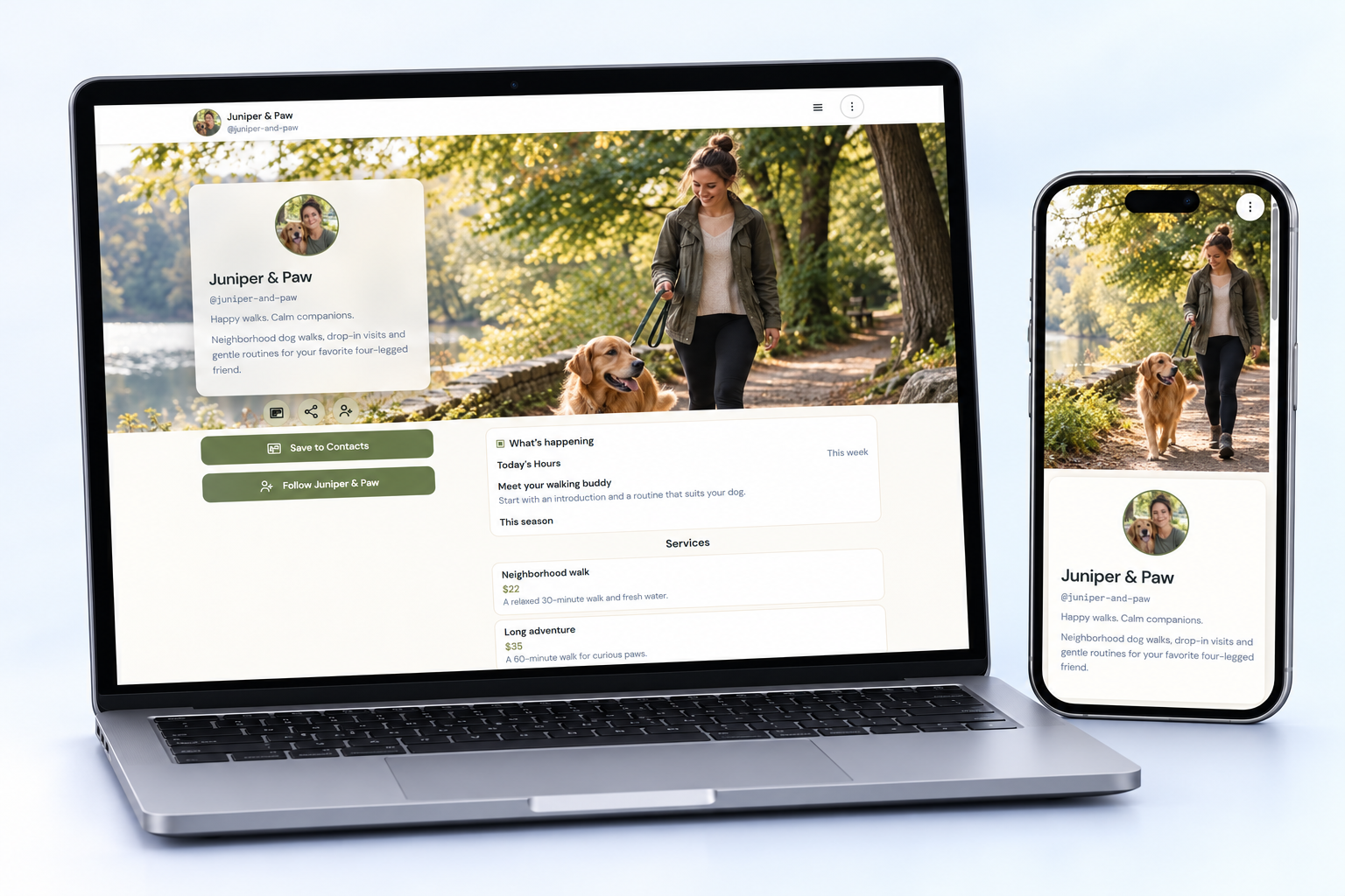 Juniper & Paw NciteMe profile shown on an angled laptop and phone