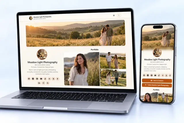 Meadow Light Photography NciteMe profile shown on an angled laptop and phone