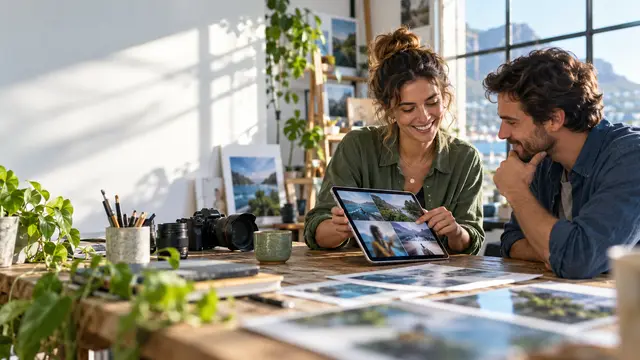 A creator shows landscape photos on a tablet to a collaborator at a studio table