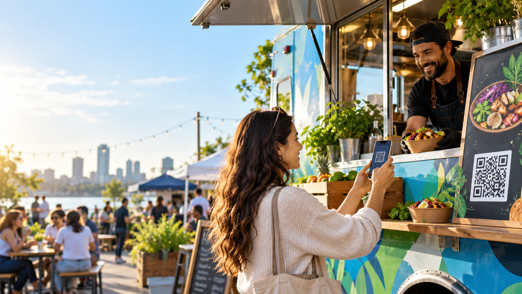 A customer points her phone at a QR code on a food truck menu board while the cook serves a bowl
