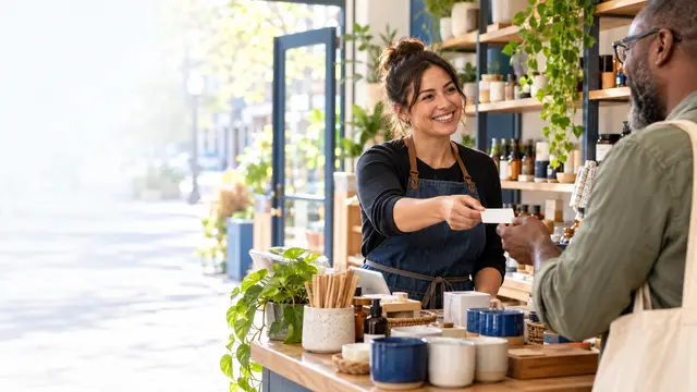 A shop owner behind a counter of ceramics hands a card to a customer